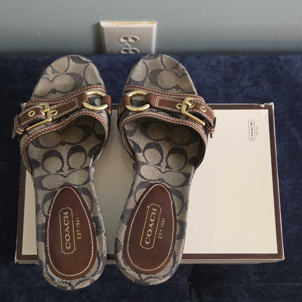 COACH Brown Signature Canvas Slide Sandals - Picture 3 of 7